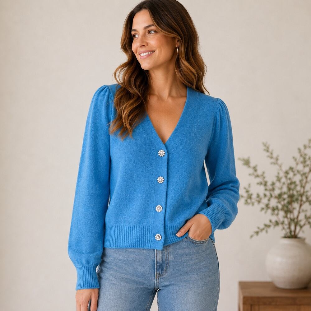 LOFT Blue Rhinestone Button Cardigan Sweater Medium Puff Sleeve NWT